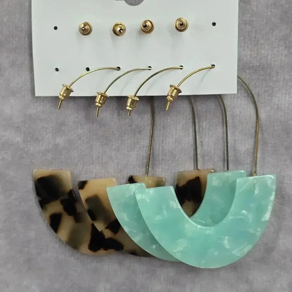 Green Brown Dangle Hoop Resin Stud Set of Four Boho Earring Fashion Jewelry - Picture 2 of 3